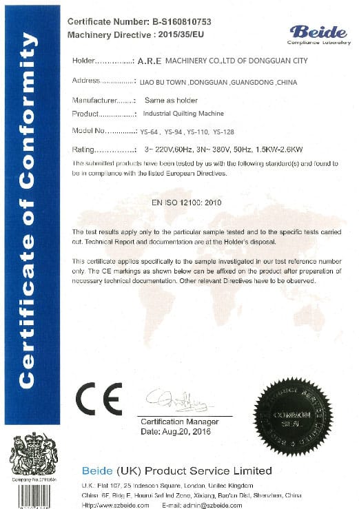 quilting machine iso 9001